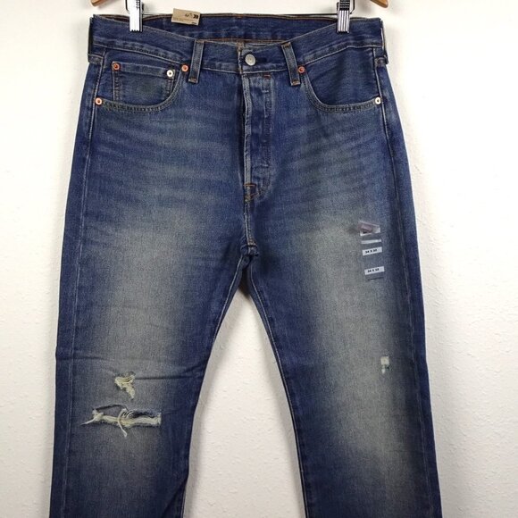 Levi's 501 Jeans Men's Size 34x32 Blue Denim Cotton Distressed Button Fly - Picture 2 of 11